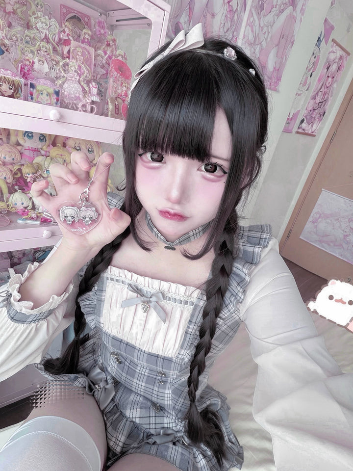 Ryousangata Pink Grey Plaid Dress Set with Choker 46077:874931
