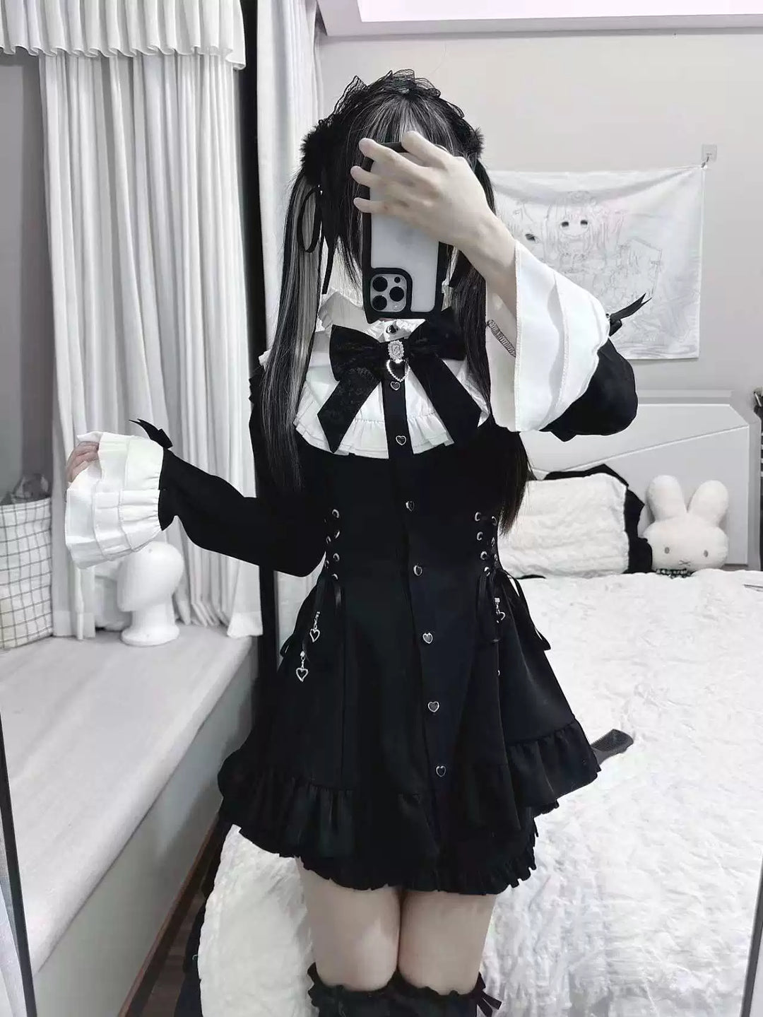 Black and White Jirai Kei Dress, Pocketed Shorts 44512:810992