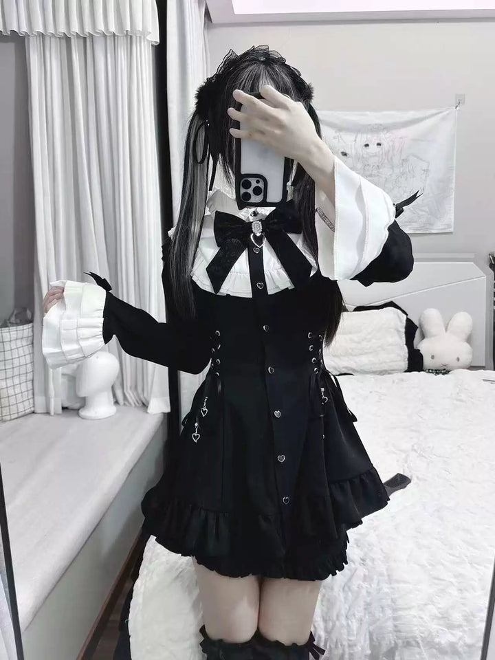 Black and White Jirai Kei Dress, Pocketed Shorts 44512:810992