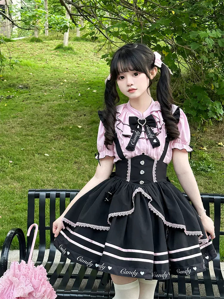 Pink Jirai Kei Short-sleeved Blouse, Puffy Sleeves 22780:607572