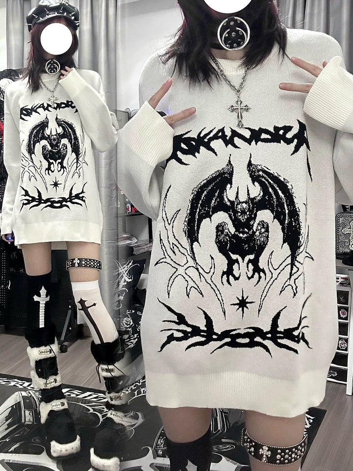 Punk Sweater White Bat Embroidered Sweater 39788:640188