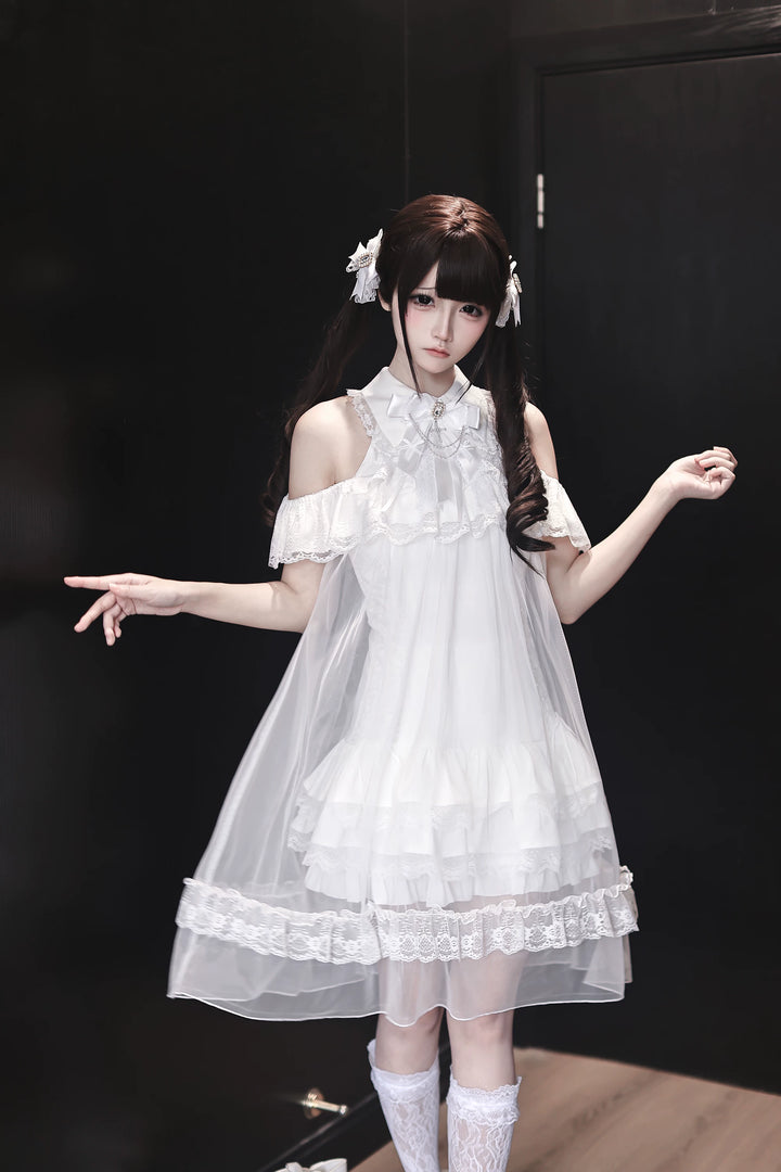 White Lace Open Shoulder Dress, Voile Outer Layered 45423:850573