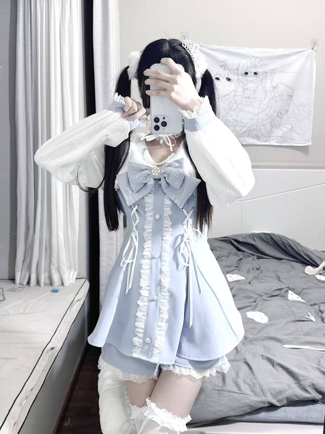 Lace-up Jirai Kei Dress Set with Lace and Rhinestone Button 42784:752970