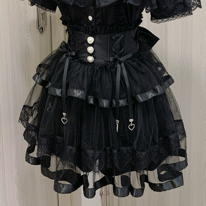 Jirai Kei Skirt Ryousangata Skirt Lace Tiered Skirt (L M S XL / Black) 38552:592162