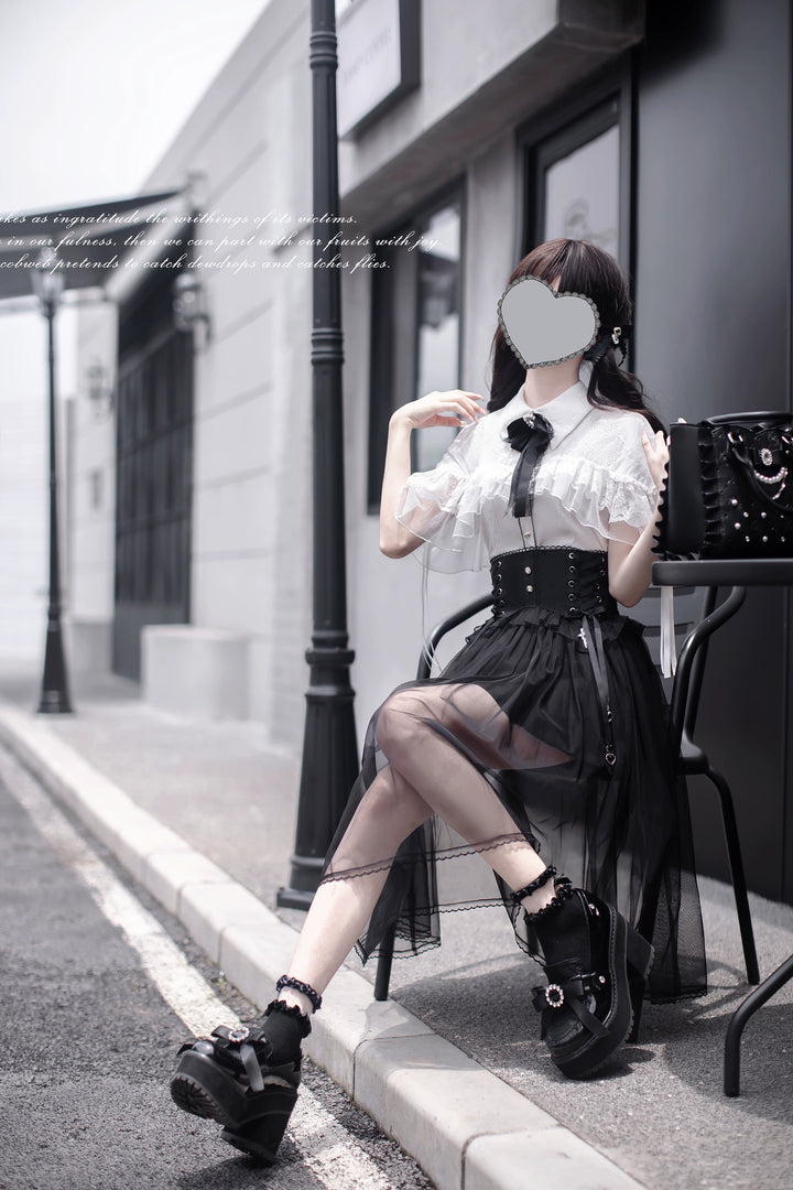 Jirai Kei Cape-Styled Blouse, High-Waist Skirt With Veil Overlay 42919:775521