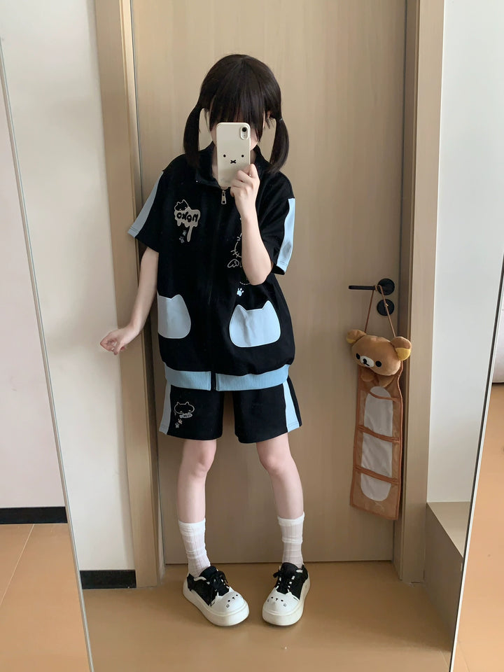 Cat Printed Kawaii Outfit, Zip Up Sweatshirt + Pocketed Shorts 43561:779965