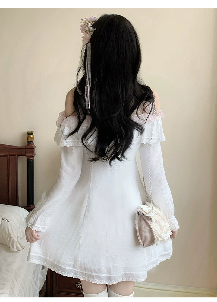 Open Shoulder Ryousangata A-Line Dress with Lace & Bow 43070:764341