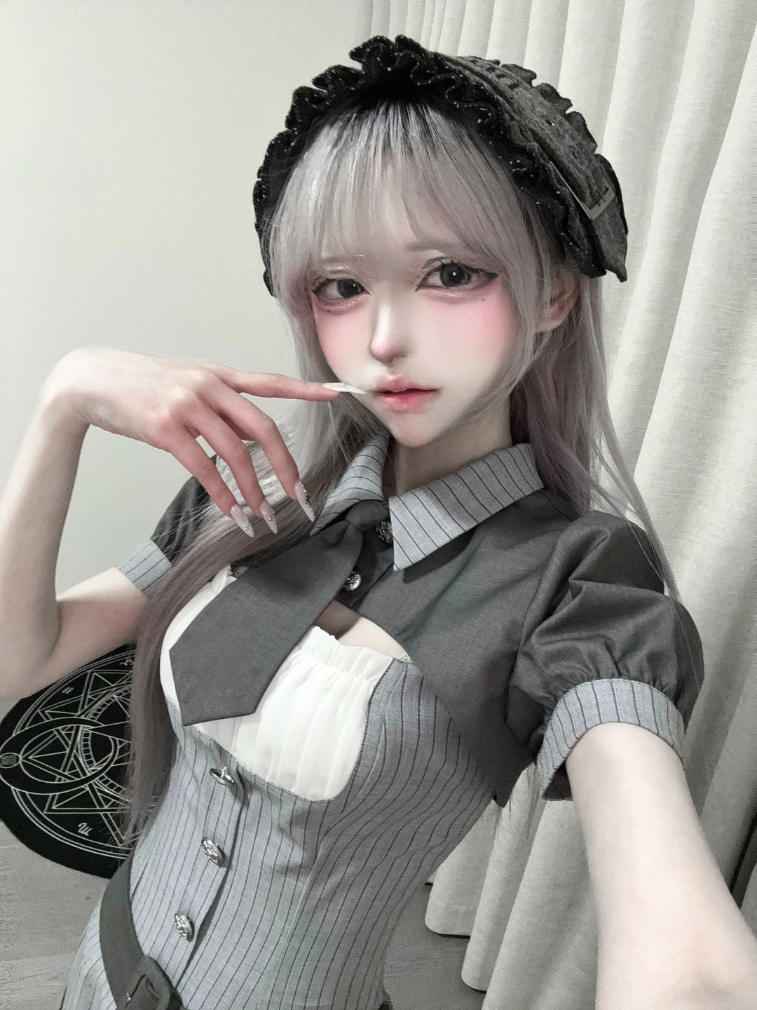 Jirai Kei Gray Striped Faux Two-Piece Dress, Mini Tie 44808:829279