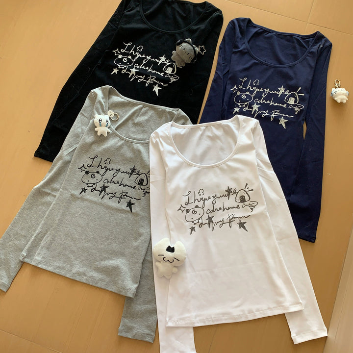 Long-Sleeved Gyaru Style Shirt with Otaku Graphic Print 42901:757245