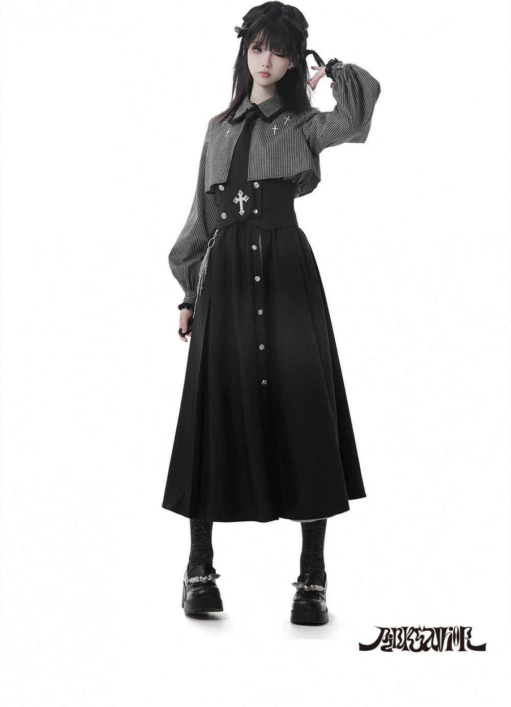 Gothic Striped Blouse, Black Skirt Set 44172:800243
