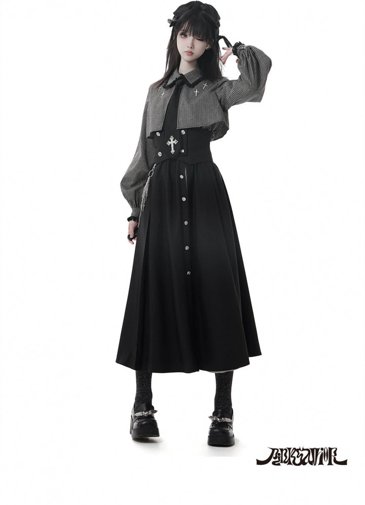 Gothic Striped Blouse, Black Skirt Set 44172:800243