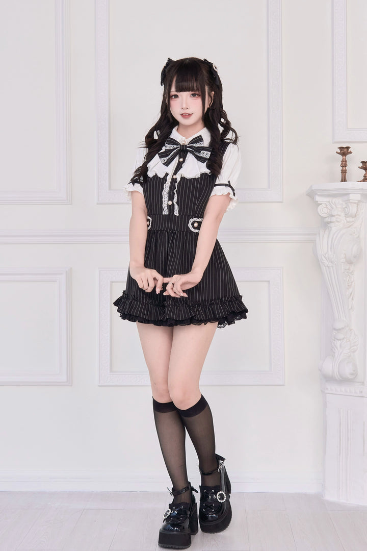 Striped / Solid Jirai Kei Dress, Elastic Shorts (L M) 43533:779055