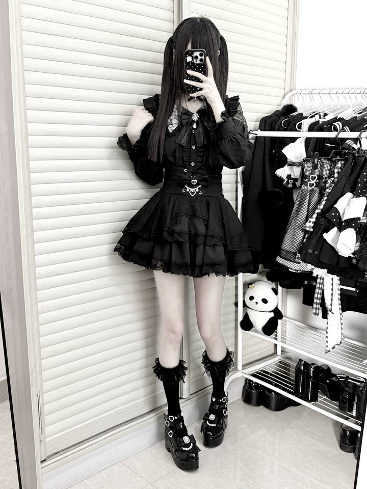 Jirai Kei Tiered Tuffles Skirt, Elastic High-Waist 44587:814560