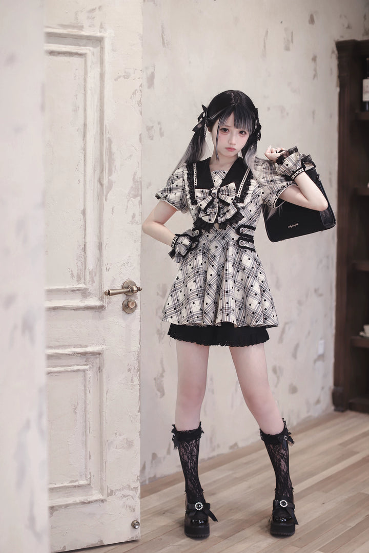 Cotton Lining Jirai Kei Dress, Plaid & Polka Dot Style 44924:829910
