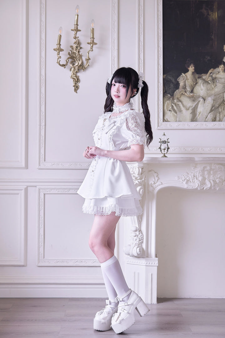 Jirai Kei Dress 4-Piece Set, Elastic Waist & Pearl Button 43010:761773