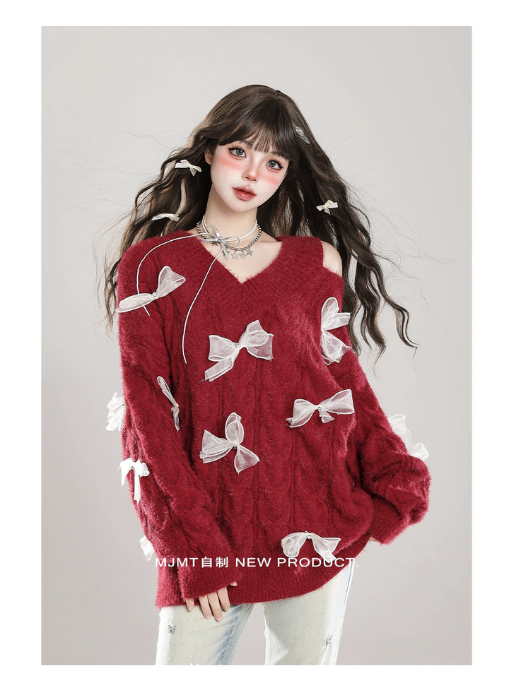 Sweet Winter Sweater, Open-Shoulder, Ribbon Bows 44070:795144
