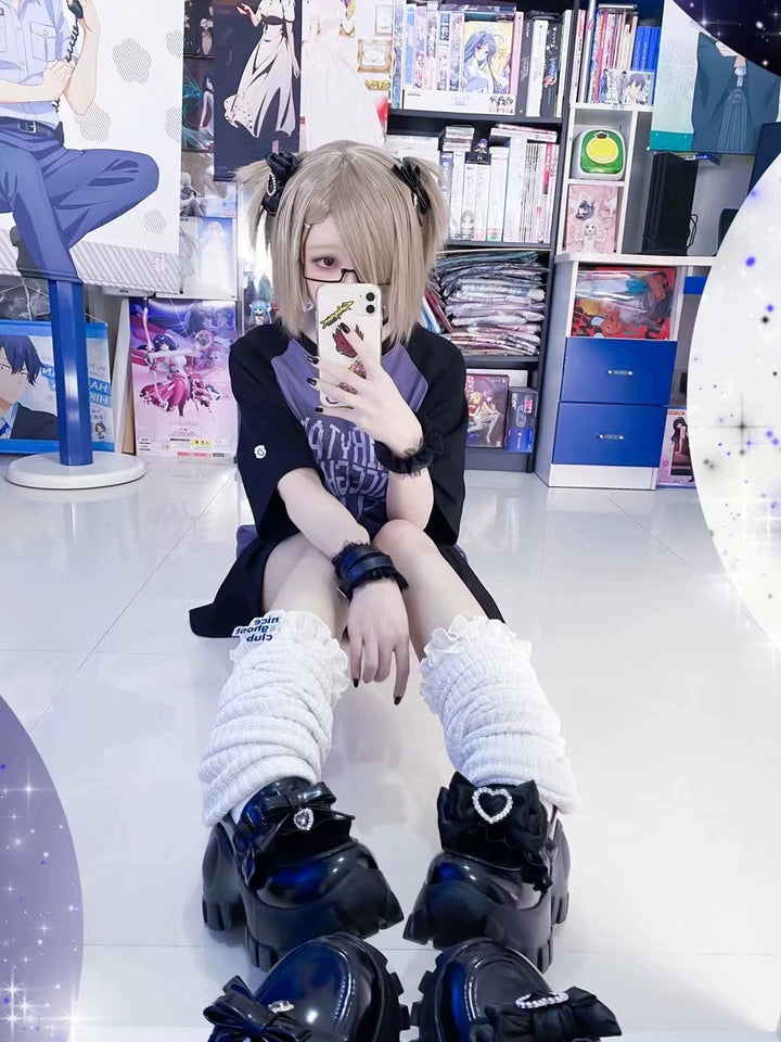 JK Uniform Pink Black Platform Shoes With Bow Ties 21892:331904