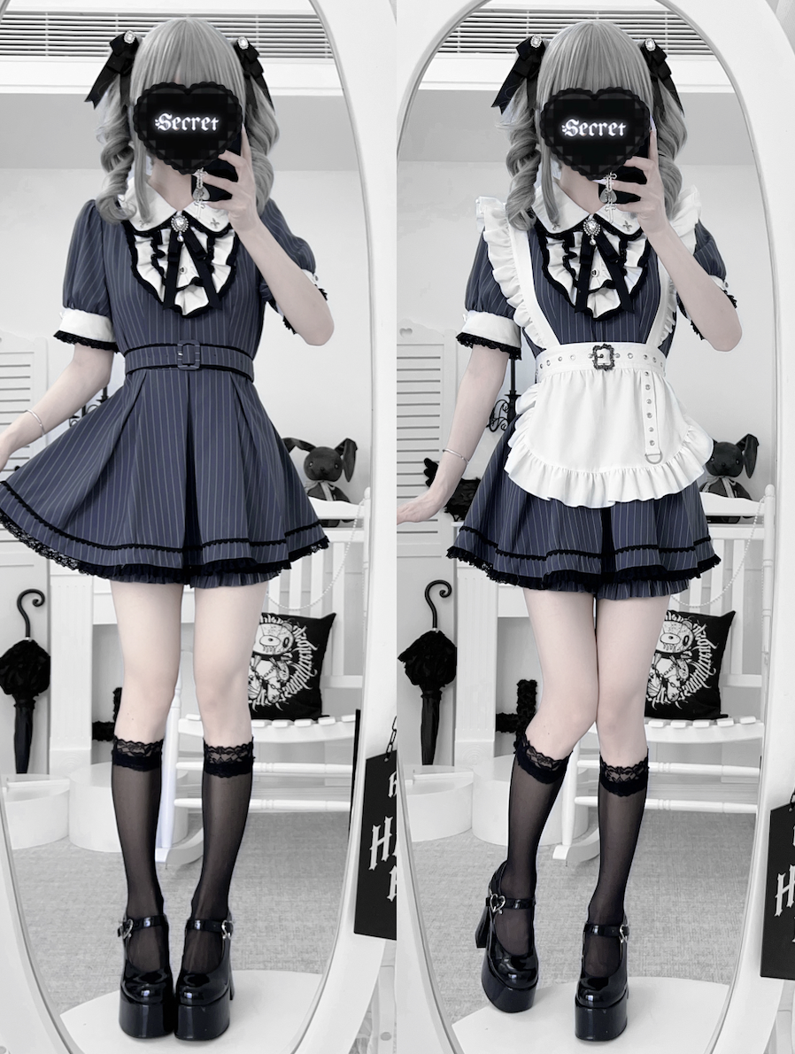 Maid Style Jirai Kei Dress Set, Pocketed Shorts + Apron 43439:778408