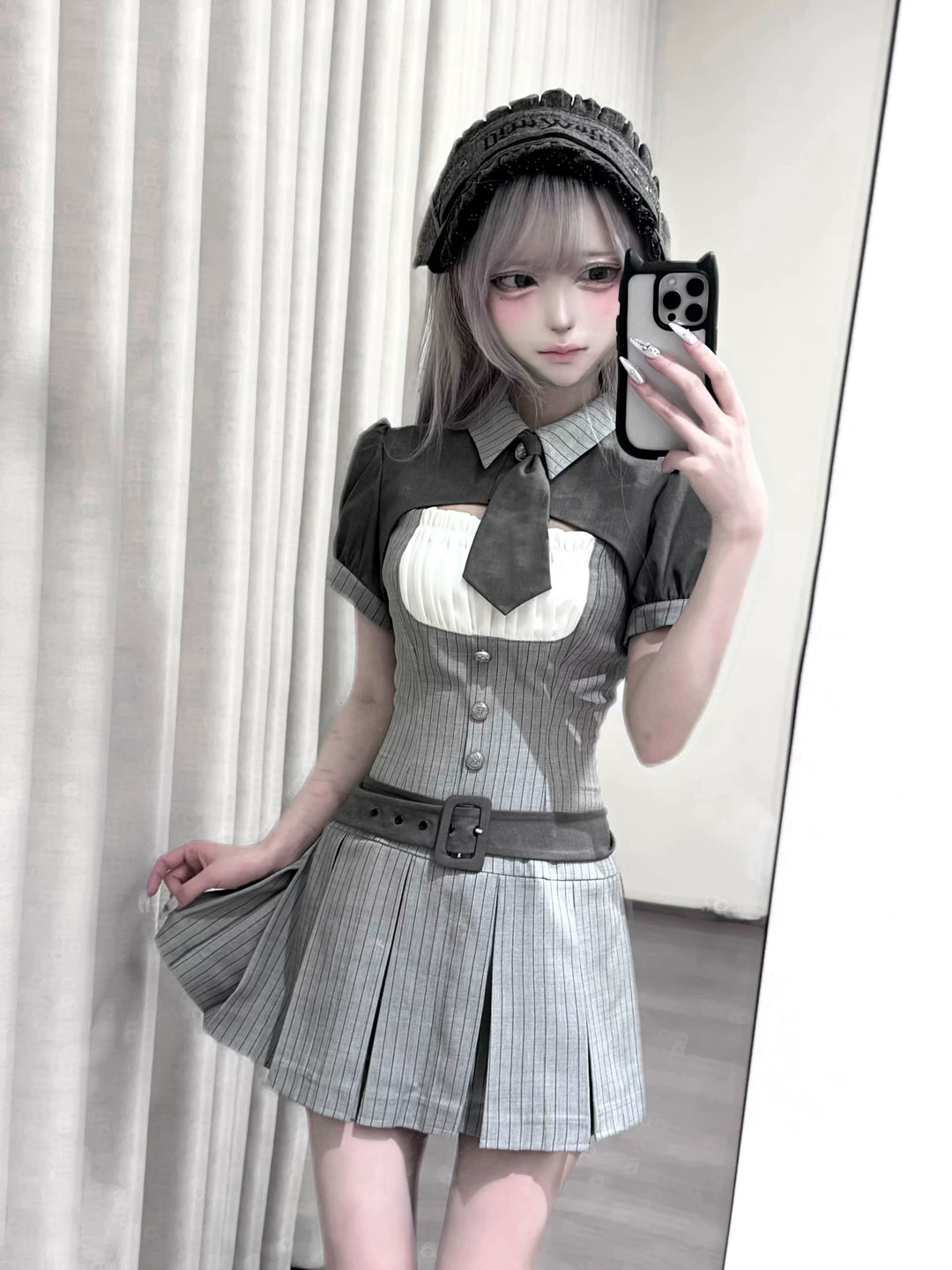 Jirai Kei Gray Striped Faux Two-Piece Dress, Mini Tie 44808:829277