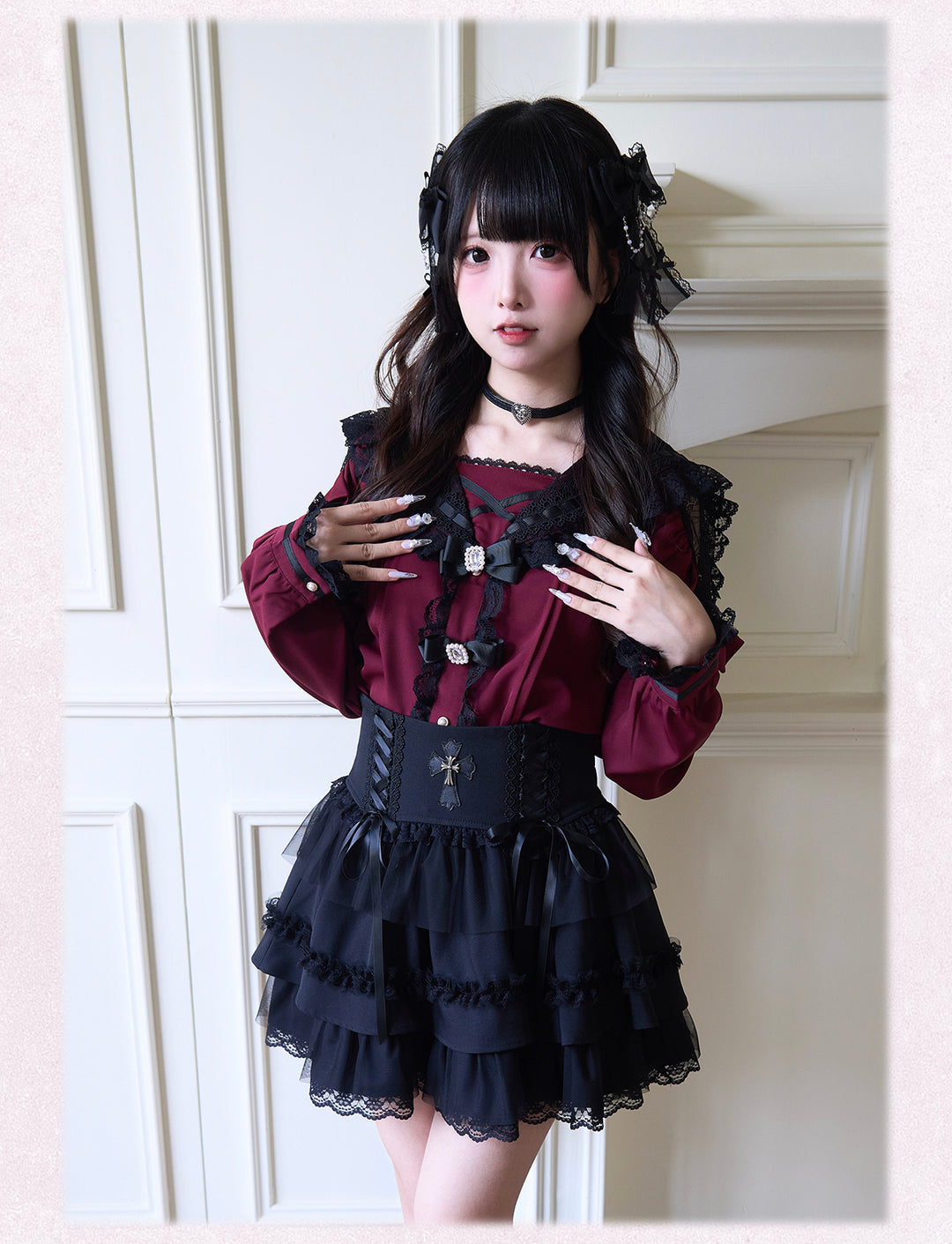 Sailor Collar Jirai Kei Blouse with Tulle Shoulder and Lace Frill 42523:744434