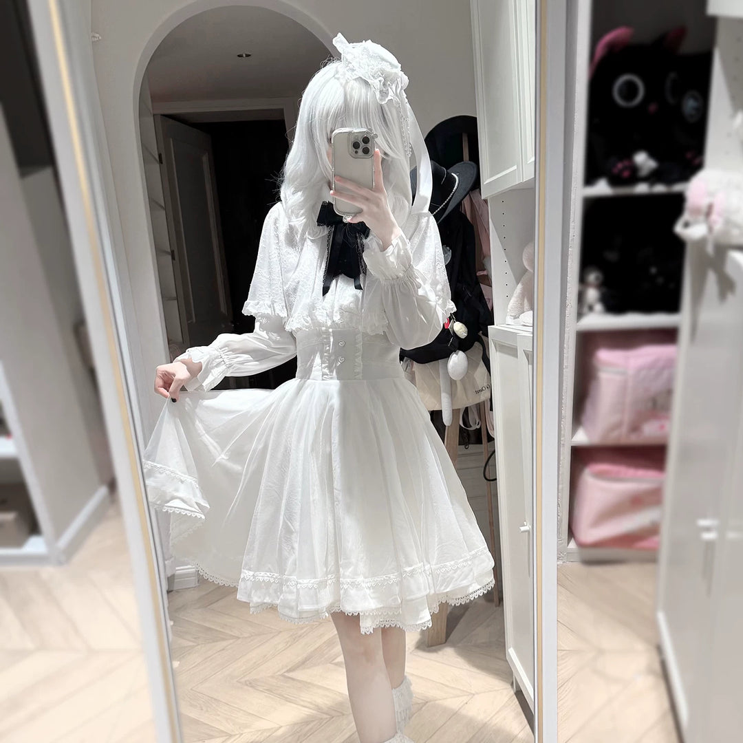 Jirai Kei Winter Cape, Lace Blouse, High-Waist Skirt (2XL 3XL 4XL L M S XL) 44199:808459