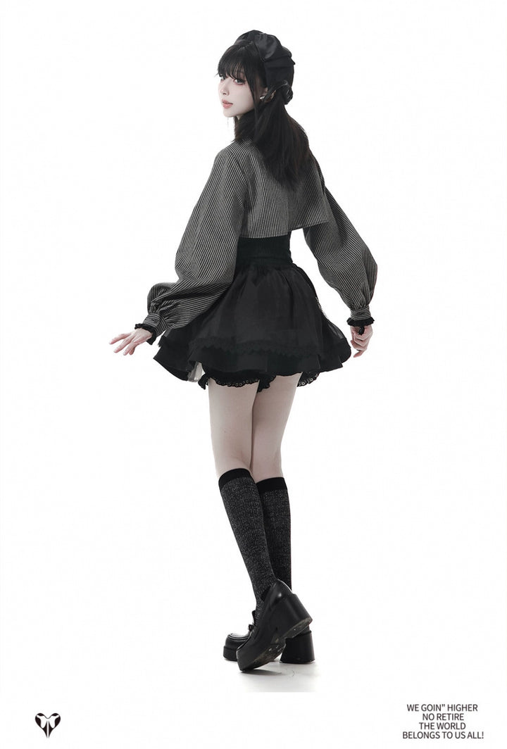 Gothic Striped Blouse, Black Skirt Set 44172:800232