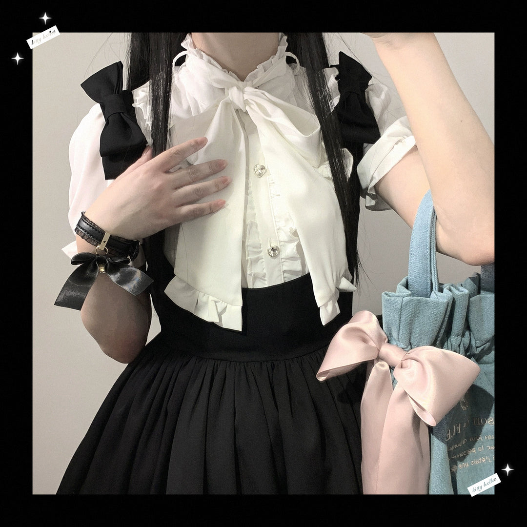 Jirai Kei Blouse Sweet Butterfly Tie Shirt Short Sleeve Top (Preorder / White) 35382:522504