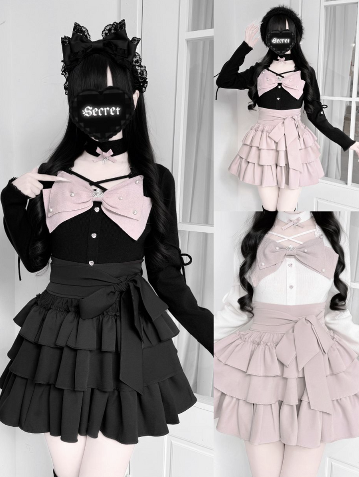 Jirai Kei Knit Top, Tiered Ruffle Skirt, Matching Choker 44685:821227