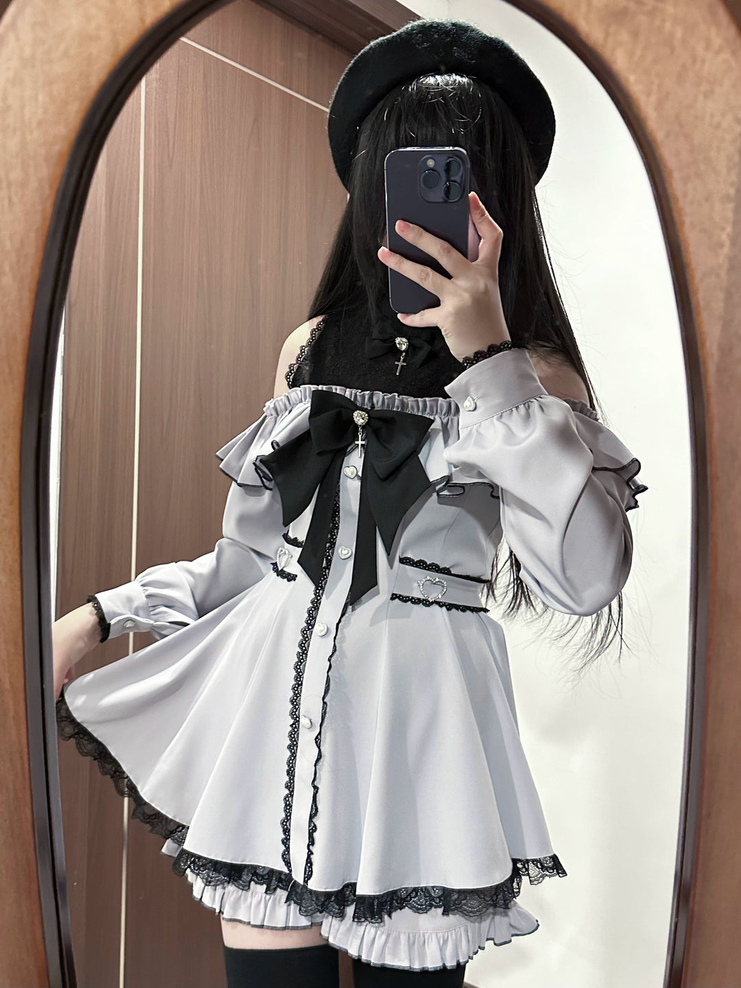 Jirai Kei Dress Set, Open-Shoulder Dress, Lace Patchwork 41552:703540