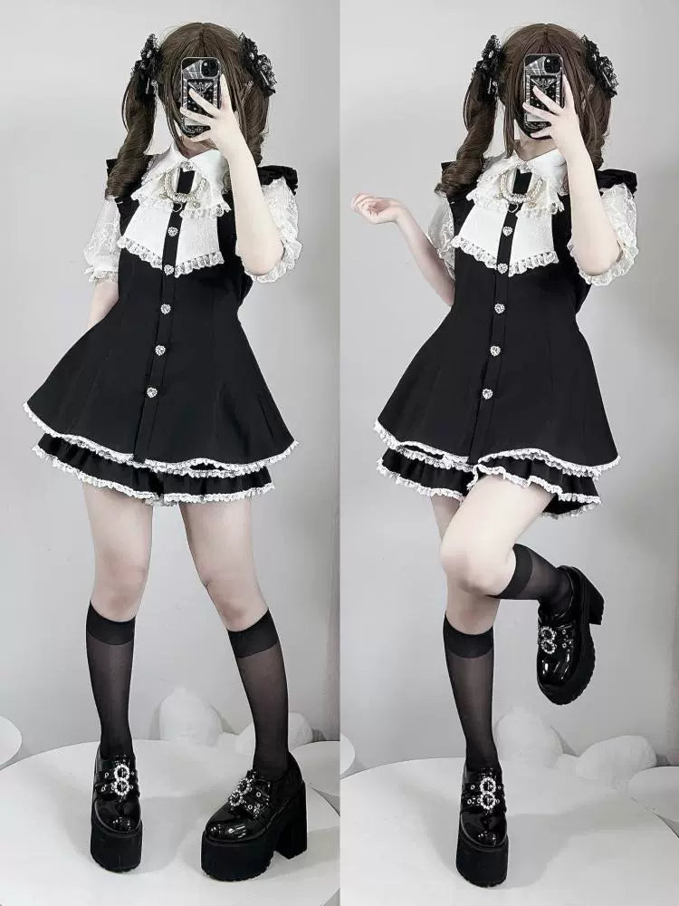 Plaid/Black Jirai Kei Dress Set, Lace Sleeve, Pearl Chain 43241:774465