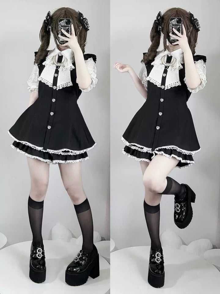 Plaid/Black Jirai Kei Dress Set, Lace Sleeve, Pearl Chain 43241:774465