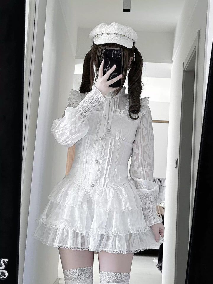 Jirai Kei Blouse & Bloomers Set, Ruffled Stand Collar 44959:831576