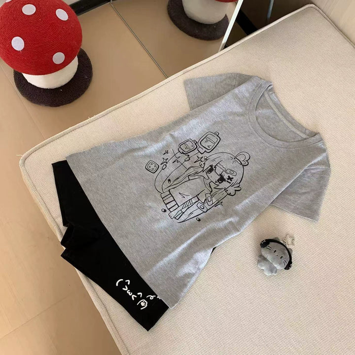 Gray Yami Kawaii T-Shirt With Anime Sick Girl Print 42898:757208