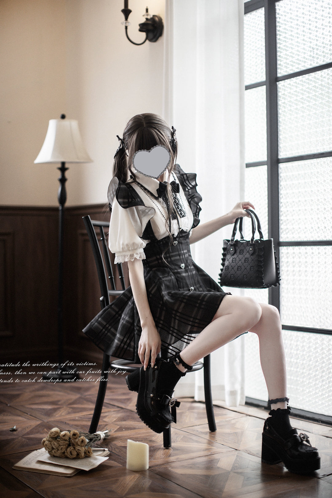 Black Plaid Jirai Kei Suspender Skirt, White Blouse 42918:760675