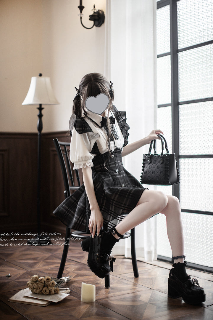 Black Plaid Jirai Kei Suspender Skirt, White Blouse 42918:760675