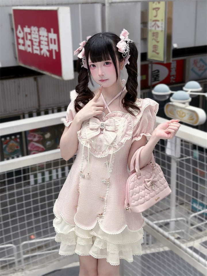 Pink Tweed Rousangata Dress, Front Heart Decoration 45570:854483
