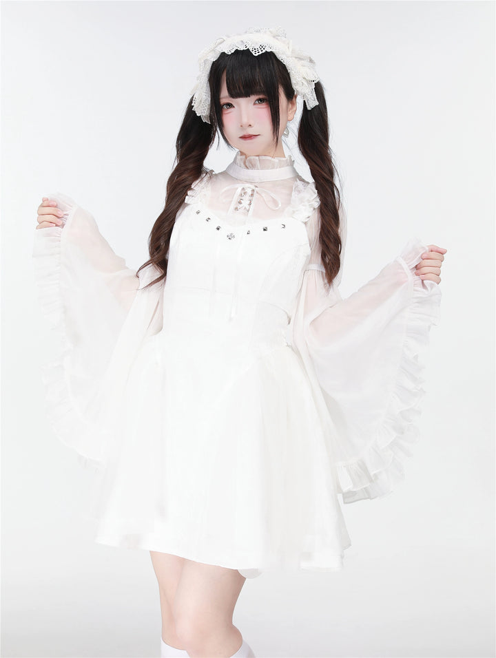 Black/White Jirai Kei Jumper Dress & Hime-Sleeved Sheer Blouse 43326:773599