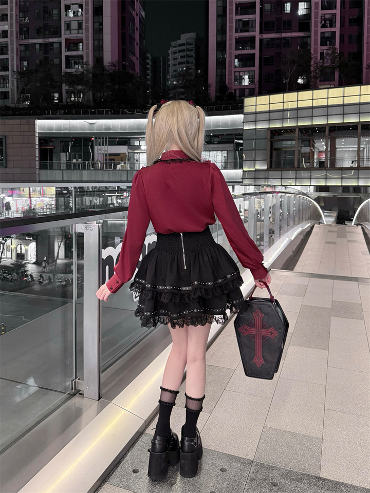 Long-sleeved Jirai Kei Blouse, Cake-Styled Skirt 44680:819303