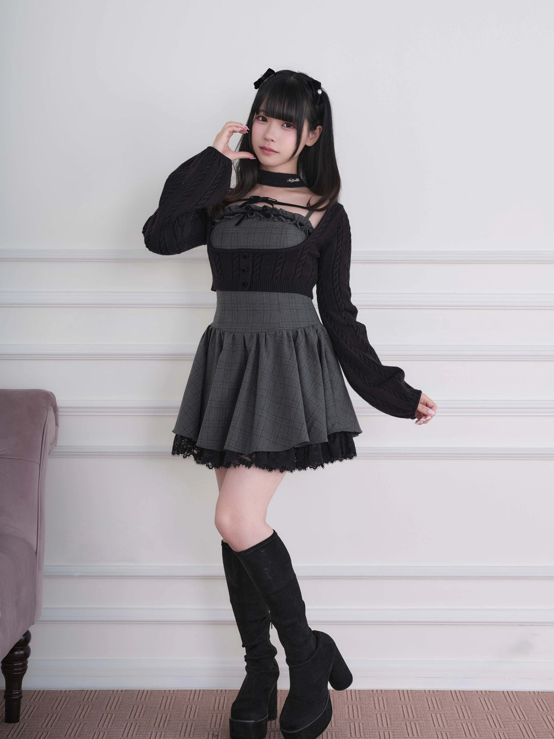 Ryousangata Plaid Dress & Knit Sweater Set, Choker-Neck 46032:873324