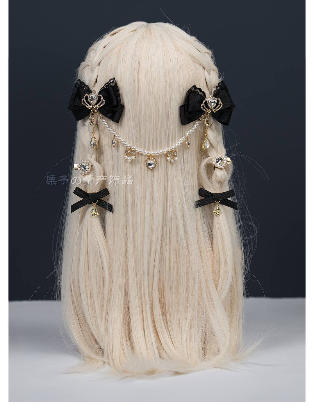 Jirai Kei Bow Hair Clips, Rhinestone Crown and Pearl Chain 44194:802749