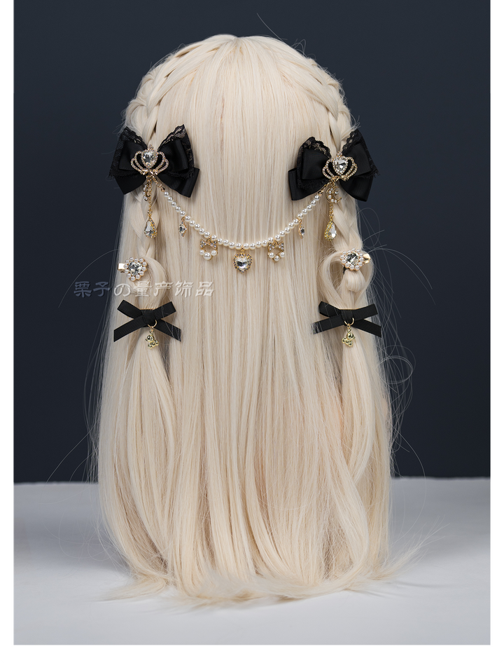 Jirai Kei Bow Hair Clips, Rhinestone Crown and Pearl Chain 44194:802749