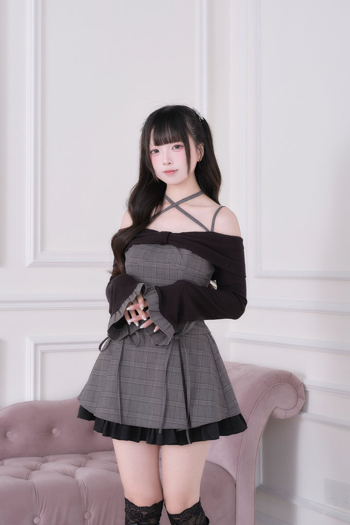 Jirai Kei Plaid Top and Skirt Set, Halter Neckline 44814:822647