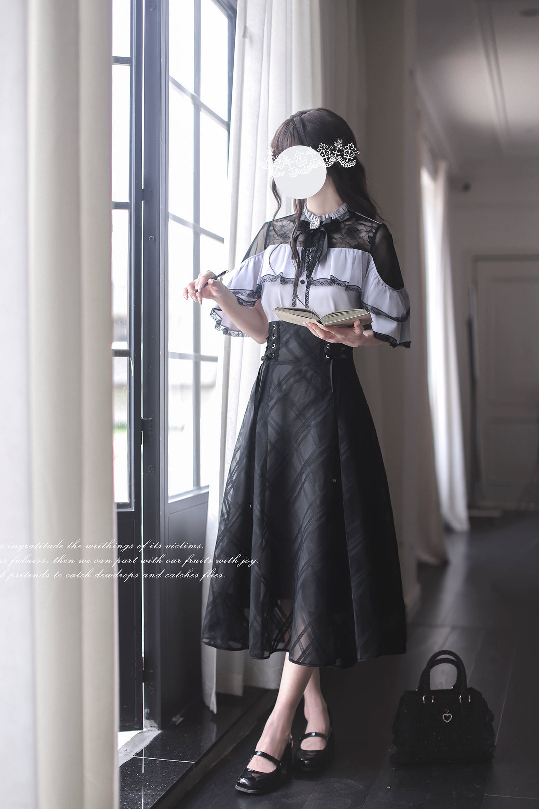 Black Maxi Jirai Kei Skirt, Purple Cape Blouse 43111:766080