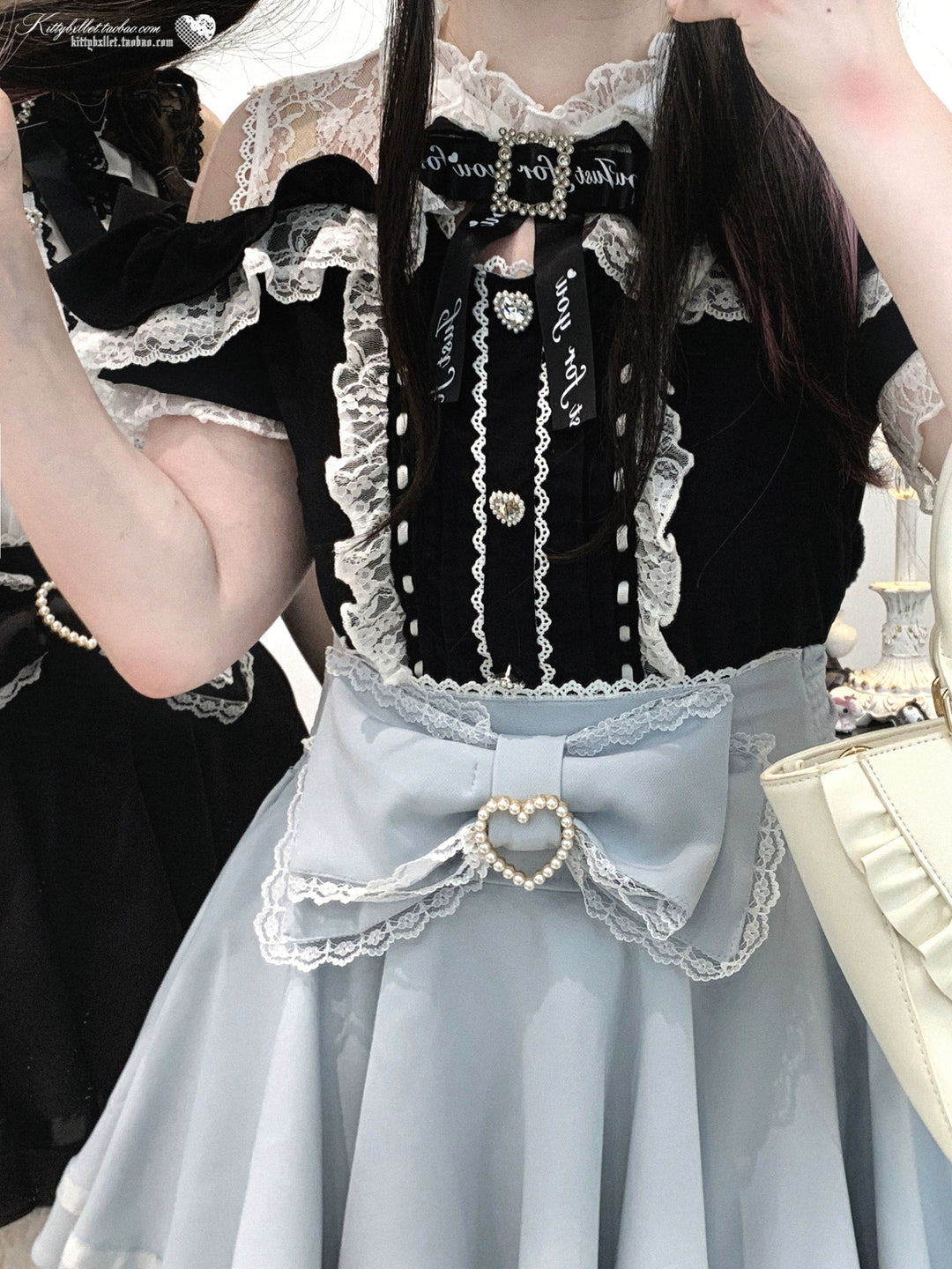 Lace Open Shoulder Jirai Kei Blouse, Heart Rhinestone 43692:783133