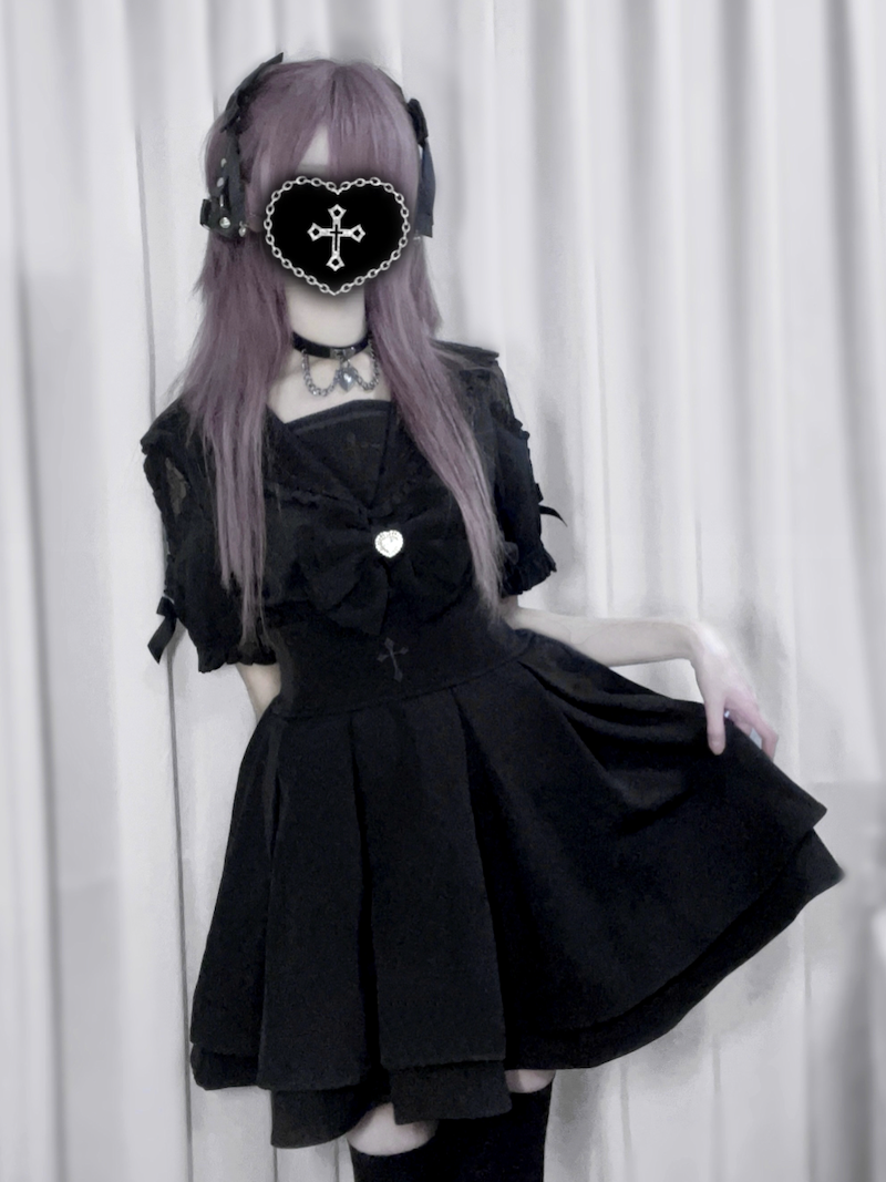 Sailor Collar Jirai Kei Blouse, High Waist Skirt, Embroidered Cross 37118:552520