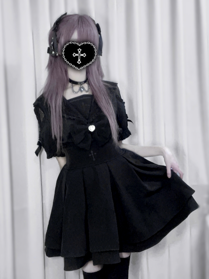 Sailor Collar Jirai Kei Blouse, High Waist Skirt, Embroidered Cross 37118:552520