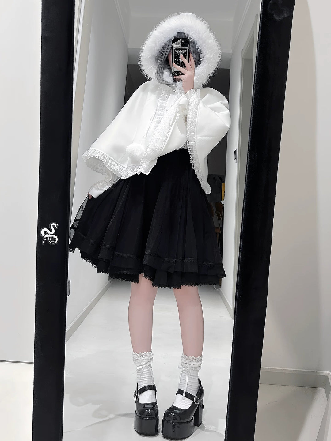 Jirai Kei Winter Cape, Lace Blouse, High-Waist Skirt 44199:808458