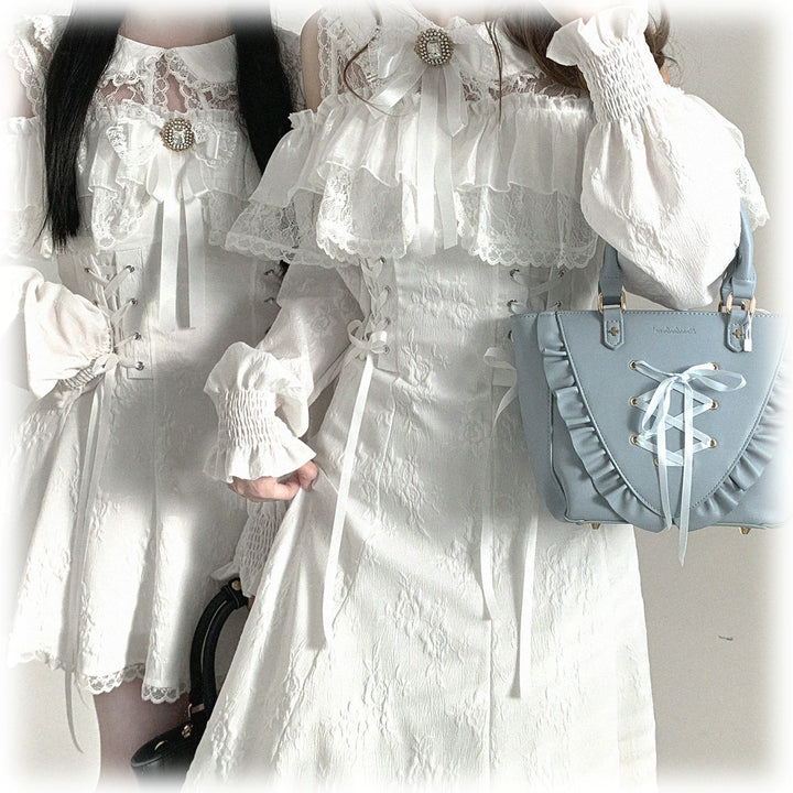 Elegant Long Open-Shoulder Dress, Subtle Floral Pattern 44473:809672