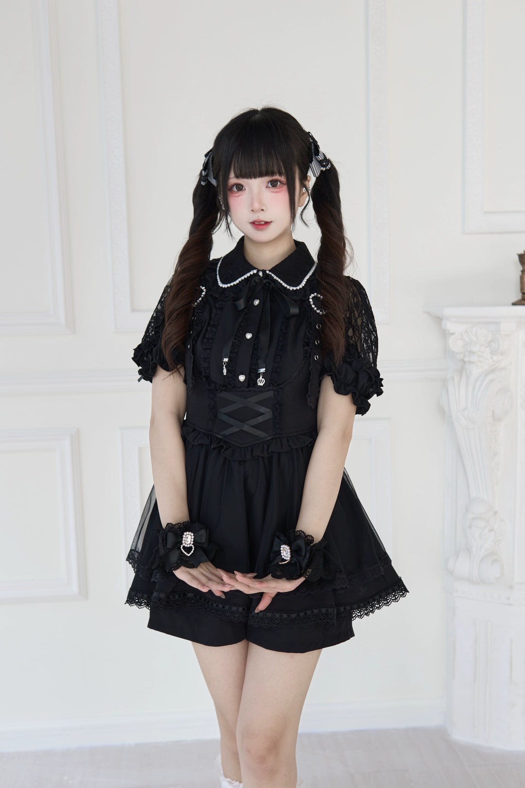 Jirai Kei Lace Cuffs, Pearl, Rhinestone & Heart Pendant 43317:774144