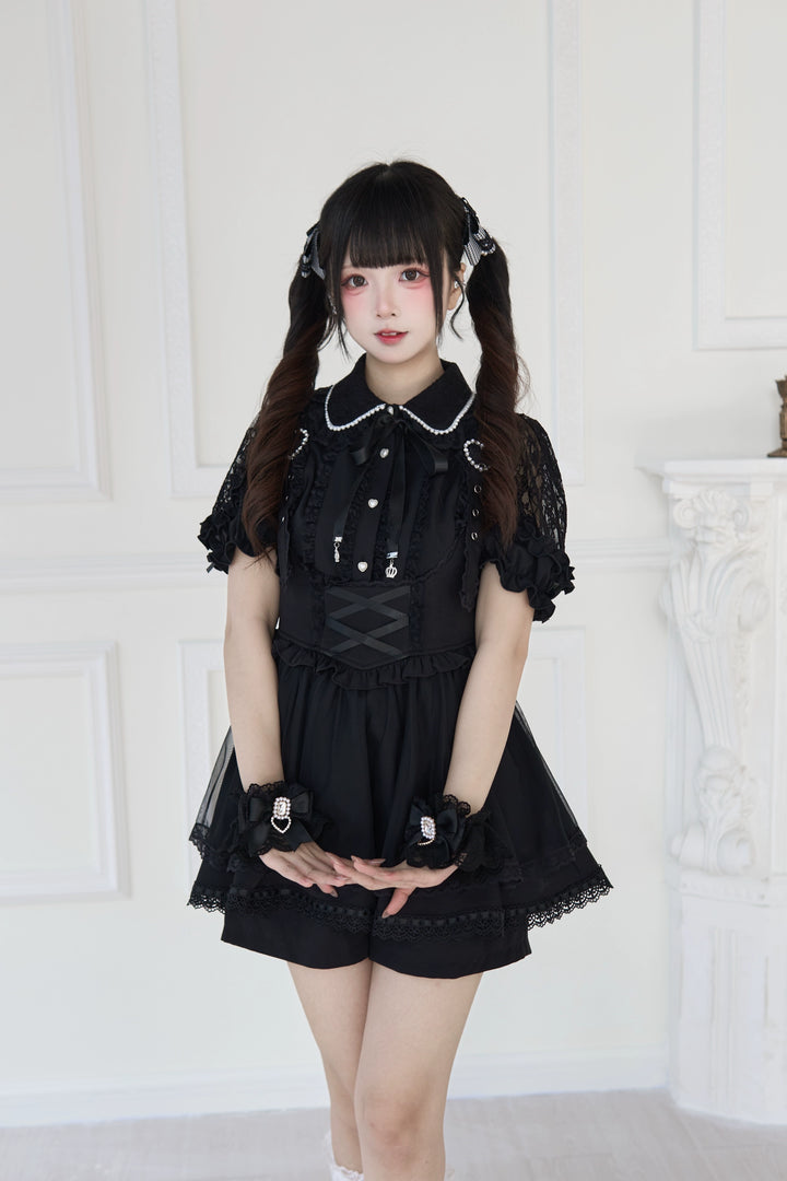 Jirai Kei Lace Cuffs, Pearl, Rhinestone & Heart Pendant 43317:774144
